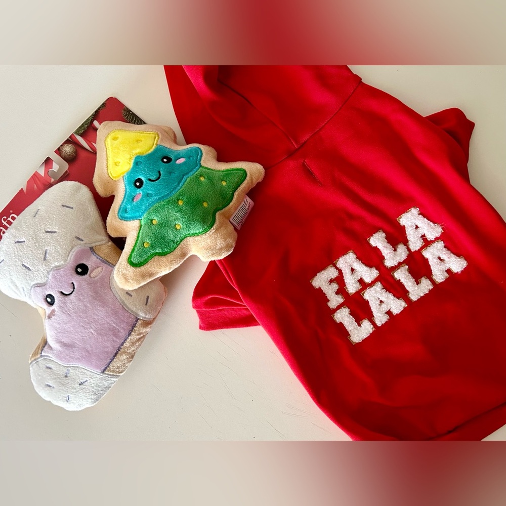 Christmas hoodie set for dogs, MED Fa La La La sweater,Christmas dog toy set NEW